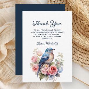 Elegant Blue Bird Pink Flowers Birthday Thank You Card