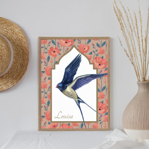 Elegant Blue Bird Sparrow Poppies Custom Wall Art