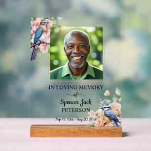 Elegant Blue Birds Floral Photo Funeral Acrylic Sign
