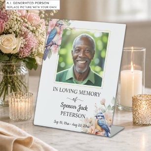 Elegant Blue Birds Floral Photo Funeral Pedestal Sign