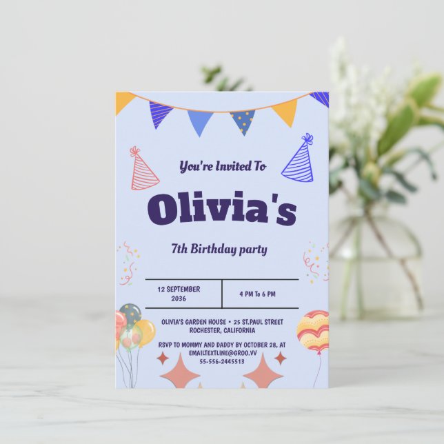 Elegant Blue Birthday Invitation Card (Standing Front)