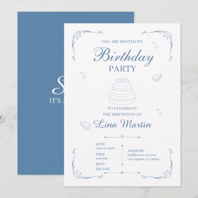 Elegant Blue Birthday Party Invitation (Front/Back)