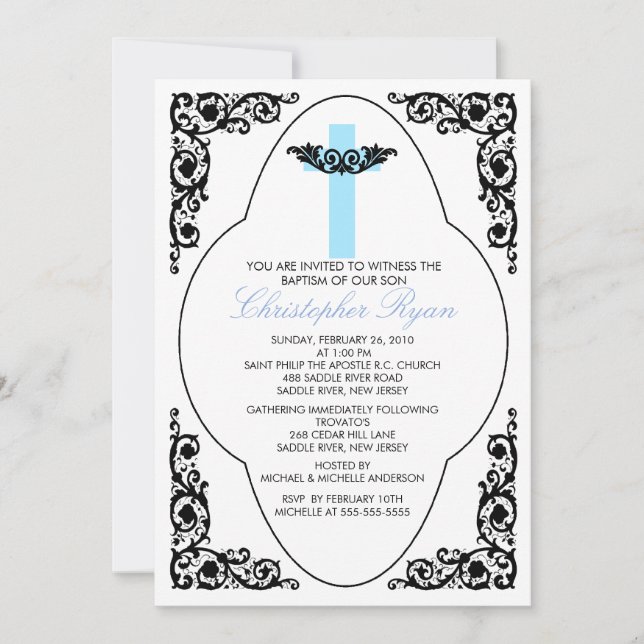Elegant Blue & Black Baptism Invitation (Front)