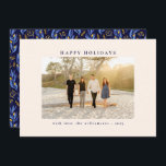 Elegant Blue Black Botanical Floral Unique Photo Holiday Card<br><div class="desc">Send your holiday cheer with this "Happy Holidays" family photo greeting, featuring a clean and elegant front design and a vibrant blue and gold floral pattern on the back. Perfect for both Christmas and Hanukkah celebrations, this card combines a modern layout with festive flair, making it ideal for showcasing your...</div>