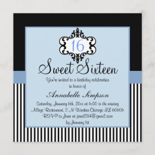 Elegant Blue & Black Chic Sweet 16 Invite