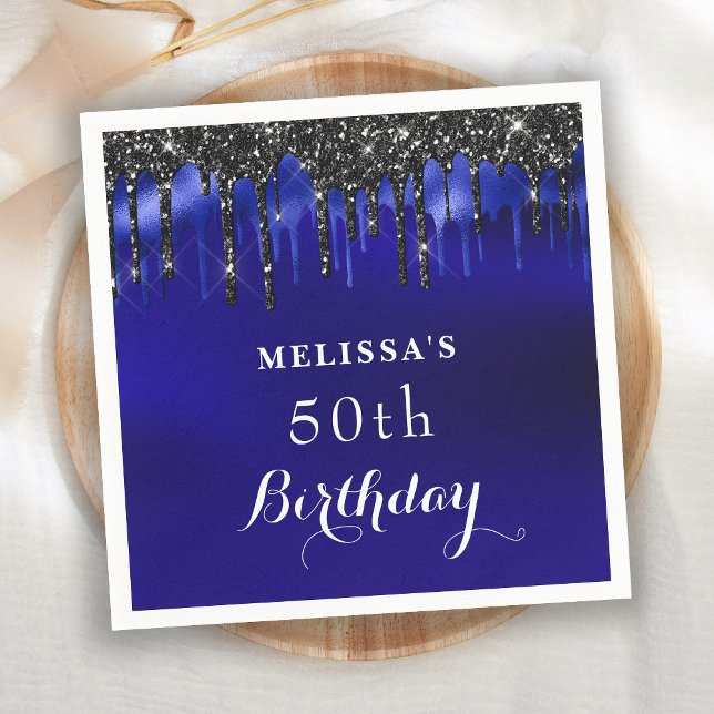Elegant Blue Black Glitter Drips Birthday Party Napkin (Creator Uploaded)