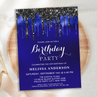 Elegant Blue Black Glitter Drips Birthday Party