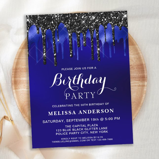 Elegant Blue Black Glitter Drips Birthday Party Postcard (Creator Uploaded)