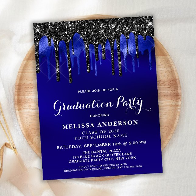 Elegant Blue Black Glitter Drips Graduation Party Postcard (Creator Uploaded)