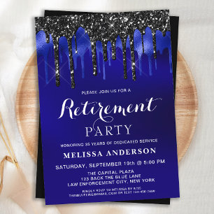 Elegant Blue Black Glitter Drips Retirement Party Invitation