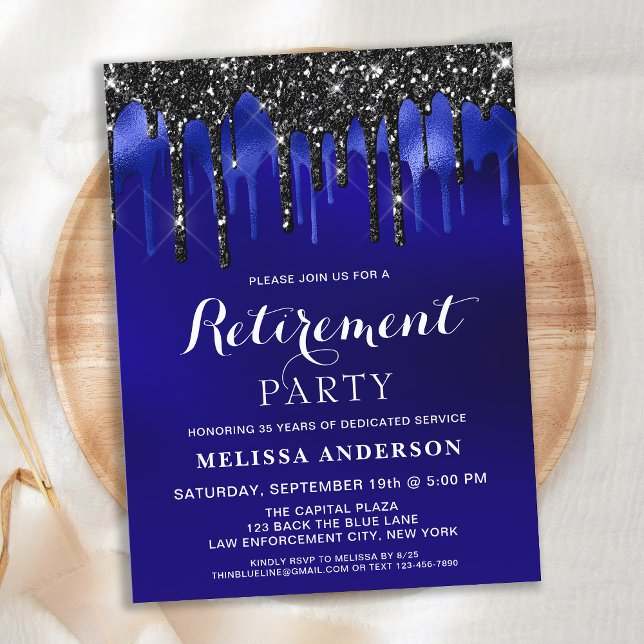 Elegant Blue Black Glitter Drips Retirement Party  Invitation Postcard (Creator Uploaded)