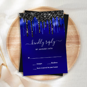 Elegant Blue Black Glitter Drips Wedding  RSVP Card