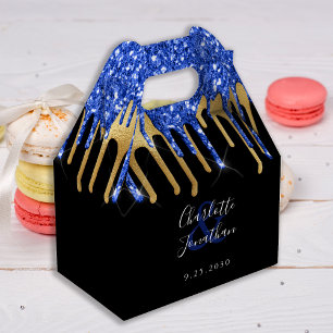 Elegant Blue Black Gold Glitter Drips Wedding Favour Box