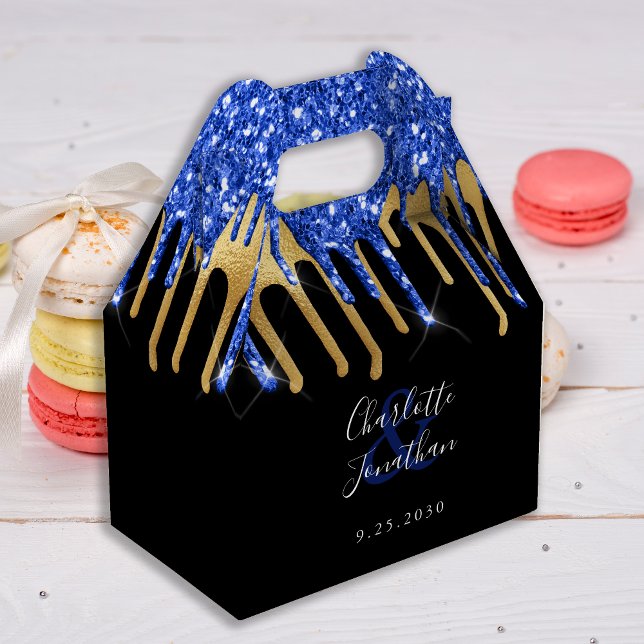 Elegant Blue Black Gold Glitter Drips Wedding Favour Box (Creator Uploaded)