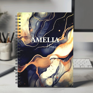 Elegant blue black marble art faux gold glitter notebook
