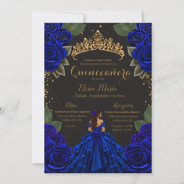Elegant Blue Black Quinceañera Roses Gold Glitter Invitation (Front)