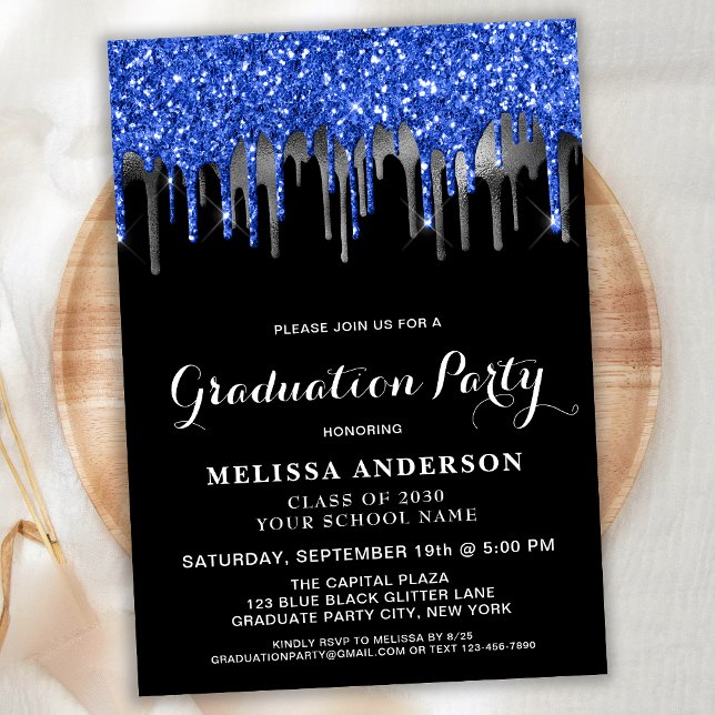 Elegant Blue Black Silver Glitter Drips Graduation Invitation (Creator Uploaded)