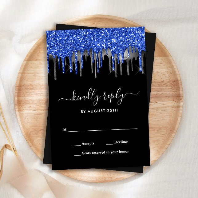 Elegant Blue Black Silver Glitter Drips Wedding RSVP Card (Creator Uploaded)