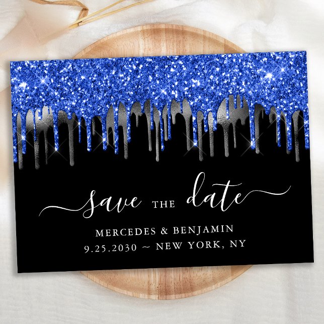 Elegant Blue Black Silver Glitter Drips Wedding Save The Date (Creator Uploaded)