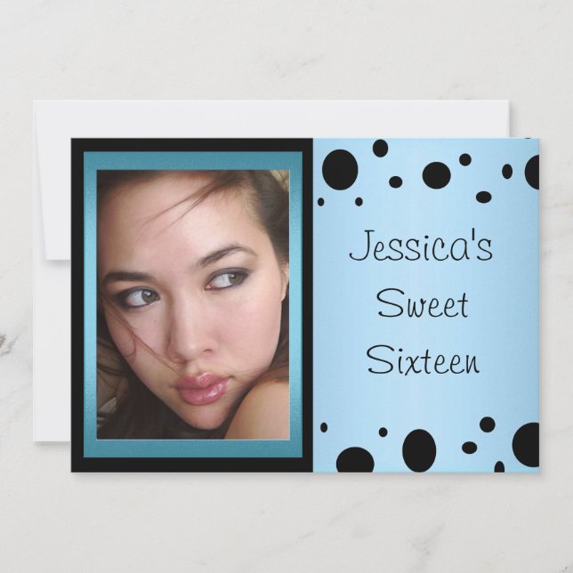 Elegant Blue Black Spots Photo Sweet 16 Invitation (Front)