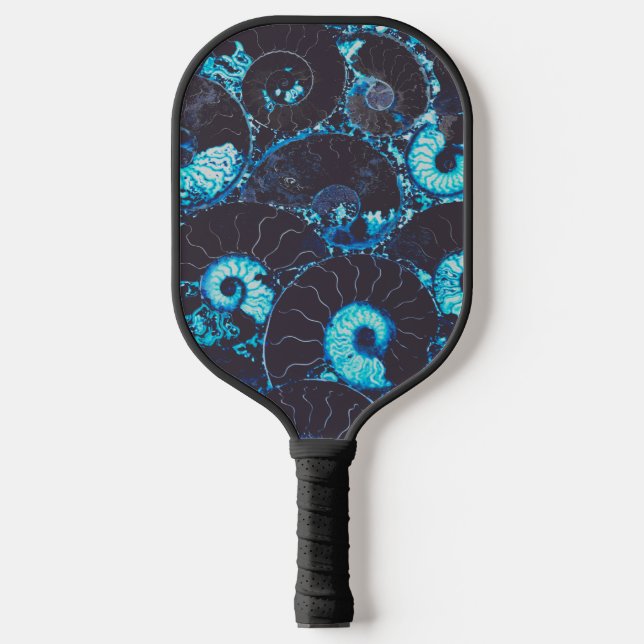 Elegant Blue black teal Nautilus shell pattern Pickleball Paddle (Front)