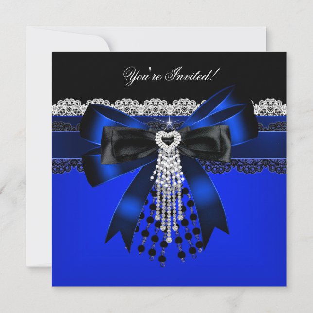 Elegant Blue Black White Diamond Pearl Lace Party Invitation (Front)