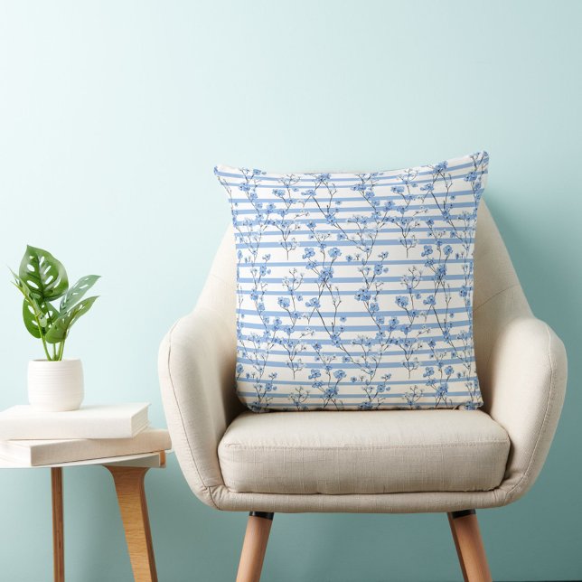 Elegant Blue Blossoms Striped Design Cushion (Creator Uploaded)