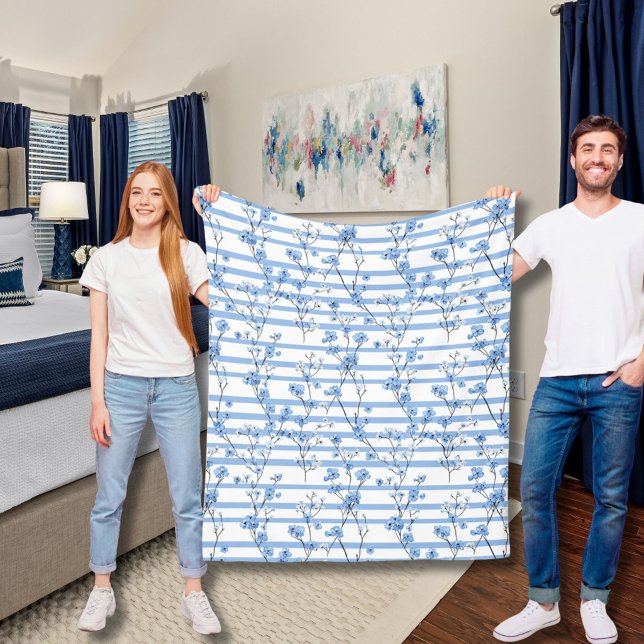 Elegant Blue Blossoms Striped Design Fleece Blanket (Creator Uploaded)