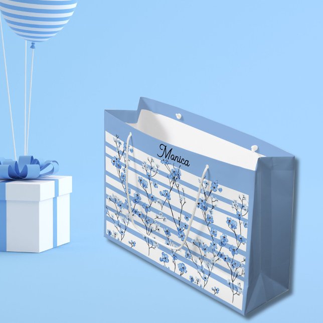 Elegant Blue Blossoms Striped Design Large Gift Bag (Creator Uploaded)