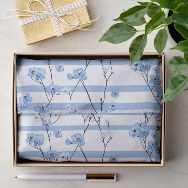 Elegant Blue Blossoms Striped Design Tissue Paper (Creator Uploaded)