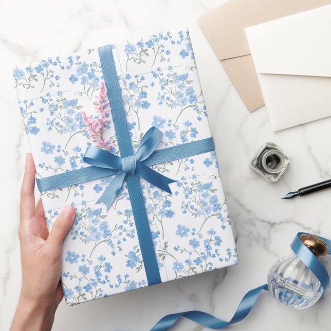 Elegant Blue Blossoms Striped Design Wrapping Paper (Creator Uploaded)