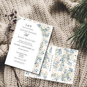 Elegant Blue & Blush Floral Wedding Invitation 
