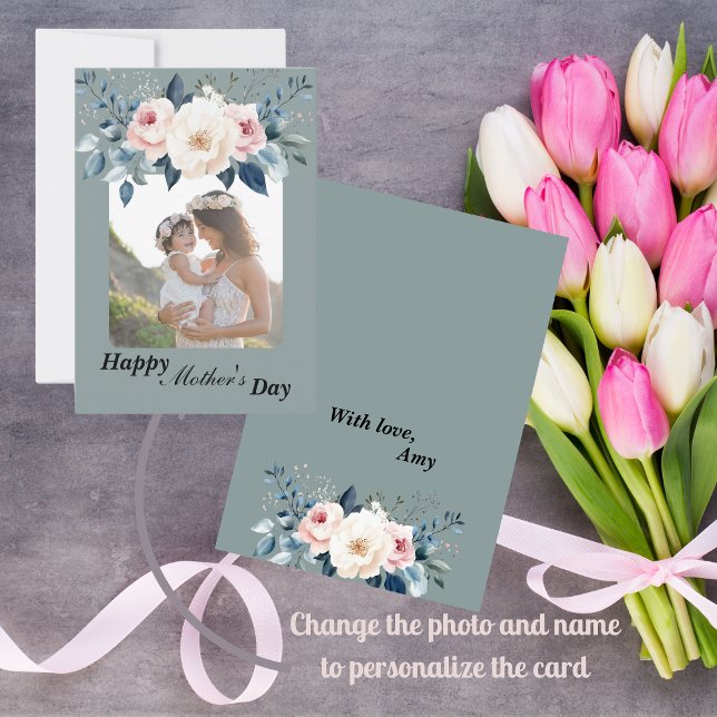 Elegant Blue & Blush Light Blue Background Floral (Surprise your mom with this elegant floral Mother's Day card!)
