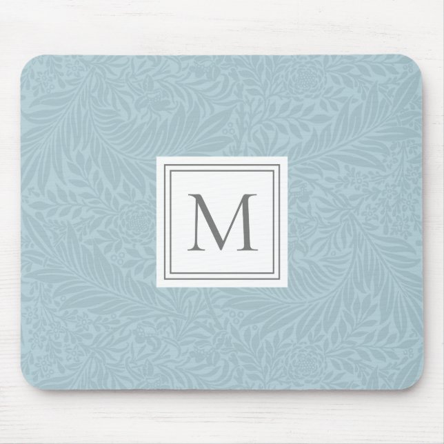 Elegant Blue Boho Botanical Pattern Monogram Mouse Pad (Front)