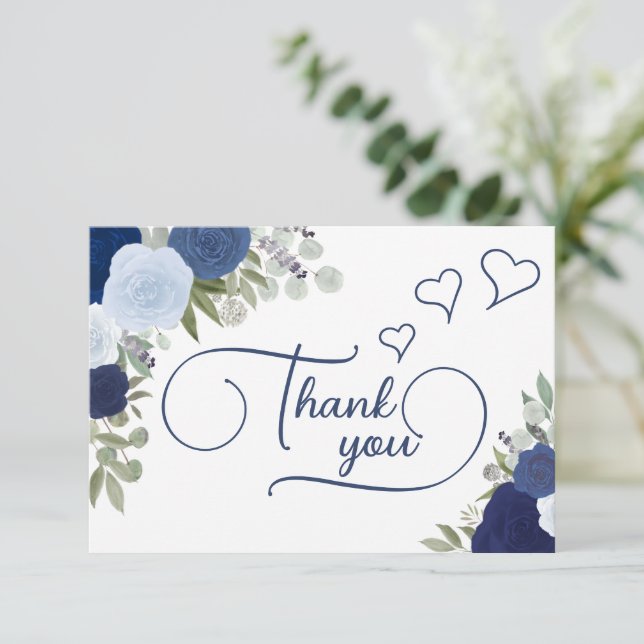 Elegant Blue Boho Chic Roses Bridal Shower Thank You Card (Standing Front)