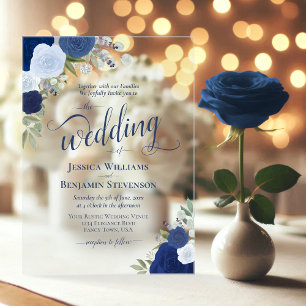 Elegant Blue Boho Chic Roses Fancy Wedding Acrylic Invitations