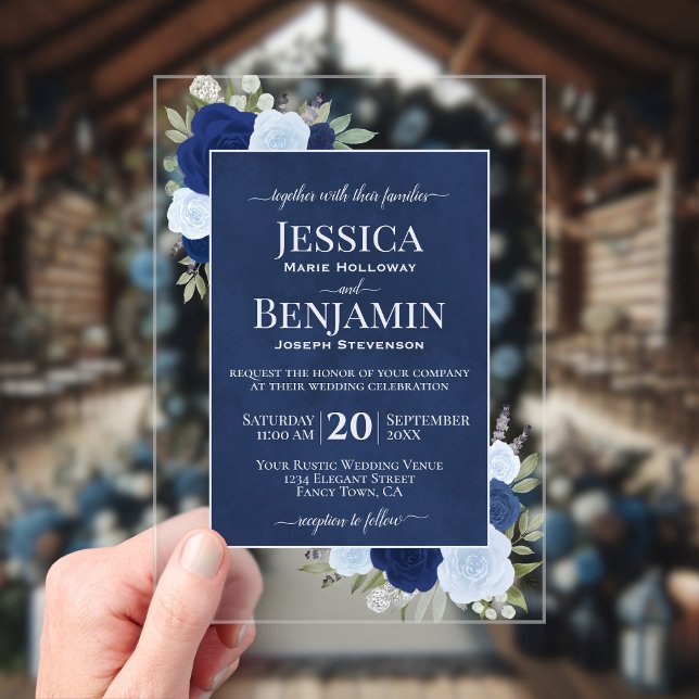Elegant Blue Boho Chic Roses Stylish Text Wedding Acrylic Invitations (Clear Acrylic with Rectangle Cut)