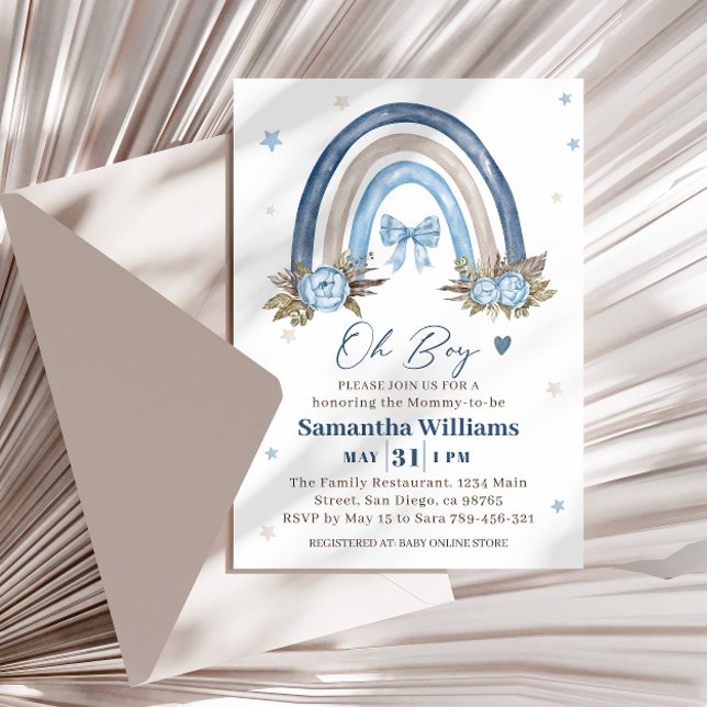 Elegant Blue Boho Rainbow Baby Shower Invitation (Creator Uploaded)