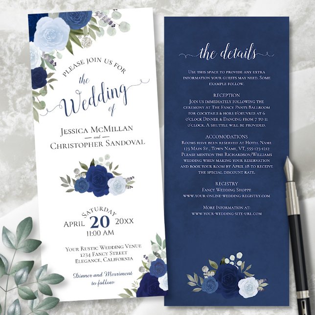 Elegant Blue Boho Roses with Details Wedding Invitation (Front/Back)
