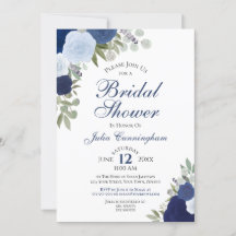 Elegant Blue Boho Watercolor Floral Bridal Shower