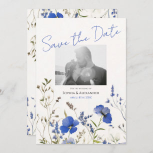 Elegant Blue Boho Wildflowers Photo Save the Date Invitation