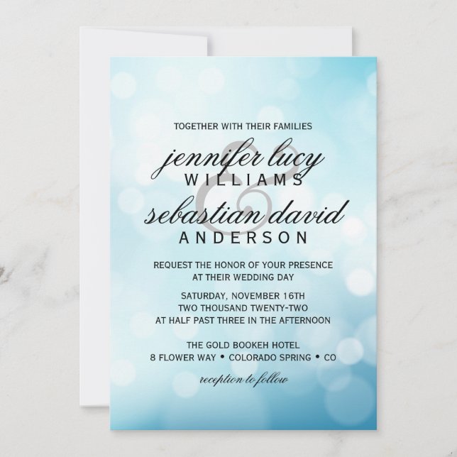 Elegant Blue  Bokeh Light Chic Wedding Invitation (Front)