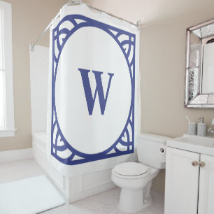 Elegant Blue Border Monogram Shower Curtain