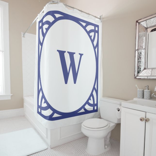 Elegant Blue Border Monogram Shower Curtain (In Situ)