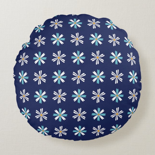 Elegant Blue Botanical Accent Motif Round Pillow (Front)