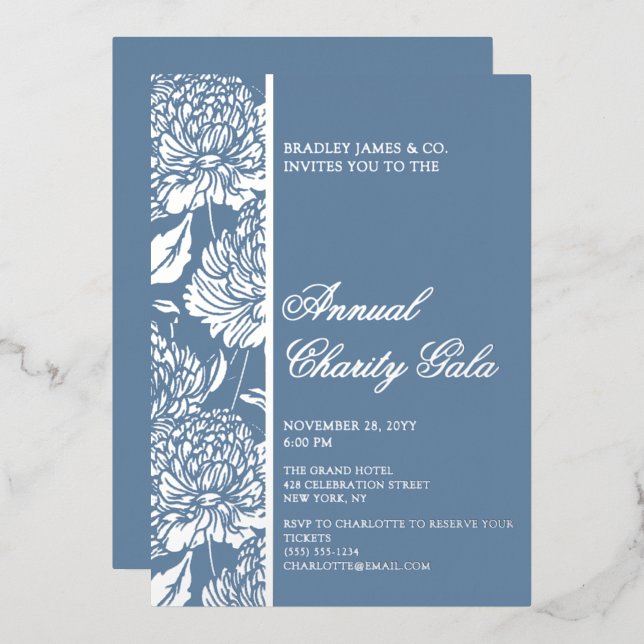 Elegant Blue Botanical Charity Event Gala Party (Front/Back)