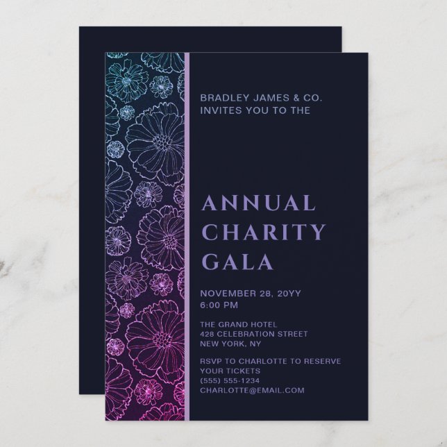 Elegant Blue Botanical Charity Event Gala Party Invitation (Front/Back)