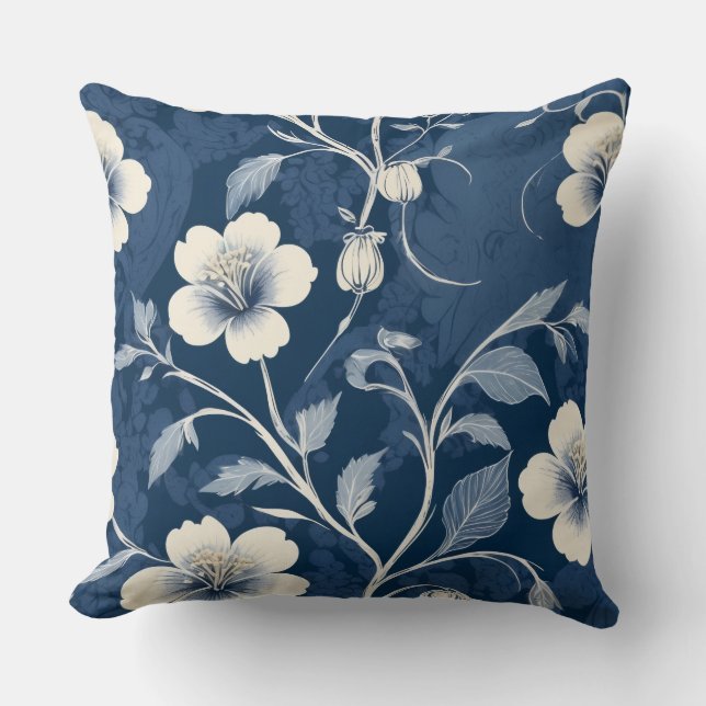 Elegant Blue Botanical Floral Cushion (Front)