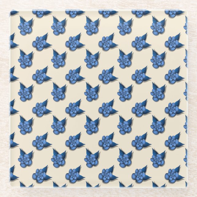 Elegant Blue Botanical Floral Pattern Notebook Vin Glass Coaster (Front)