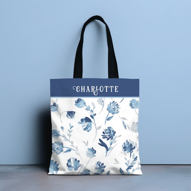 Elegant Blue Botanical Floral Personalised Name Tote Bag (Creator Uploaded)